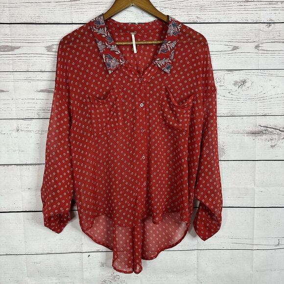 Free People Tops - Free People Shirt Womens Medium Red Flowy Chiffon Floral Whimsical Blouse Hi Low